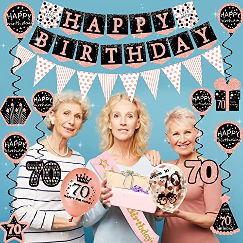 70th birthday decorations for women - (76pack) rose gold party Banner, Pennant, Hanging Swirl, birthday Balloons, Foil Backdrops, cupcake Topper, plates, Photo Props, Birthday Sash for gifts women