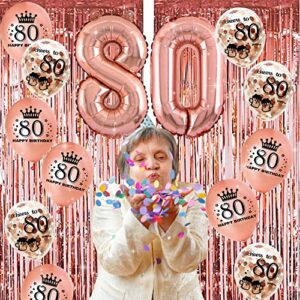 80th birthday decorations for women - (76pack) rose gold party Banner, Pennant, Hanging Swirl, birthday Balloons, Foil Backdrops, cupcake Topper, plates, Photo Props, Birthday Sash for gifts women