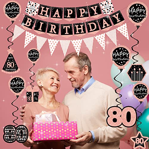 80th birthday decorations for women - (76pack) rose gold party Banner, Pennant, Hanging Swirl, birthday Balloons, Foil Backdrops, cupcake Topper, plates, Photo Props, Birthday Sash for gifts women