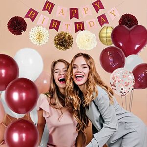 Birthday Decorations for Women, Burgundy Party Decorations with Rose Gold White Balloons Happy Birthday Banner for Bachelorette Wedding Lady 30th 40th (For All)