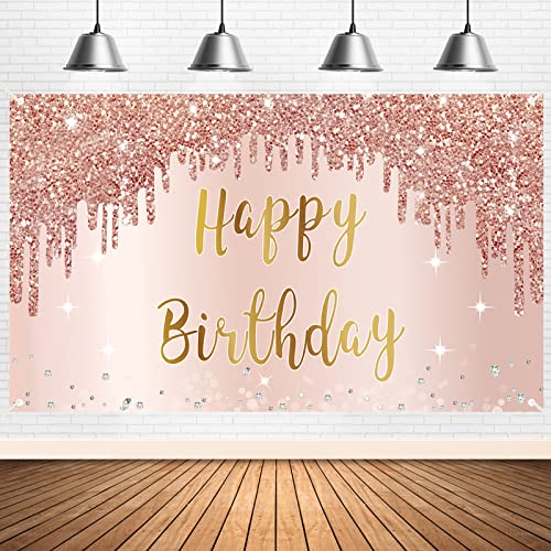 Rose Gold Happy Birthday Banner Backdrop Decorations for Girls Women, Pink Happy Birthday Theme Party Sign Supplies, Large 16th 21st 30th 40th 50th Birthday Poster Background Photo Booth Props Decor