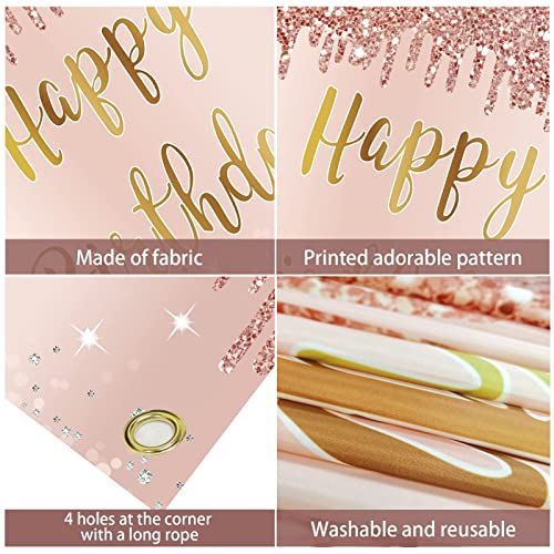 Rose Gold Happy Birthday Banner Backdrop Decorations for Girls Women, Pink Happy Birthday Theme Party Sign Supplies, Large 16th 21st 30th 40th 50th Birthday Poster Background Photo Booth Props Decor