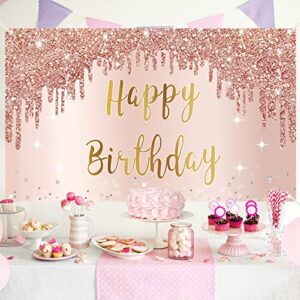 Rose Gold Happy Birthday Banner Backdrop Decorations for Girls Women, Pink Happy Birthday Theme Party Sign Supplies, Large 16th 21st 30th 40th 50th Birthday Poster Background Photo Booth Props Decor