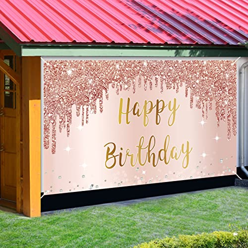 Rose Gold Happy Birthday Banner Backdrop Decorations for Girls Women, Pink Happy Birthday Theme Party Sign Supplies, Large 16th 21st 30th 40th 50th Birthday Poster Background Photo Booth Props Decor