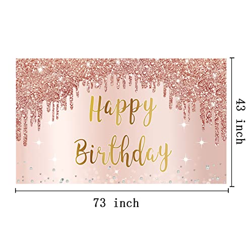 Rose Gold Happy Birthday Banner Backdrop Decorations for Girls Women, Pink Happy Birthday Theme Party Sign Supplies, Large 16th 21st 30th 40th 50th Birthday Poster Background Photo Booth Props Decor