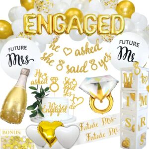 248 pc engagement party decorations , gold and white bridal decorations , he asked she said yes banner , engaged letter balloons , future mrs and mr balloons & sashes , ring balloon , boxes & more