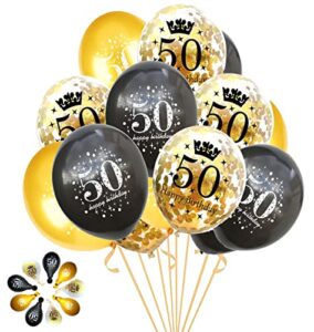 jonhamwelbor 50th birthday balloons gold and black party decorations 15 pack 12 inch latex and confetti balloon printed with happy birthday 50 for women men