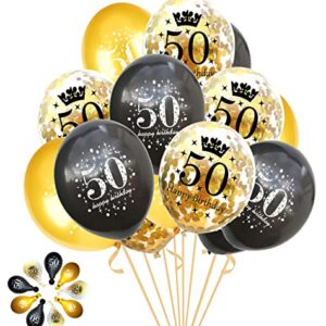 Jonhamwelbor 50th Birthday Balloons Gold and Black Party Decorations 15 Pack 12 inch Latex and Confetti Balloon Printed with Happy Birthday 50 for Women Men