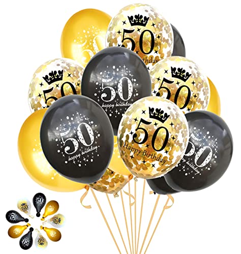 Jonhamwelbor 50th Birthday Balloons Gold and Black Party Decorations 15 Pack 12 inch Latex and Confetti Balloon Printed with Happy Birthday 50 for Women Men