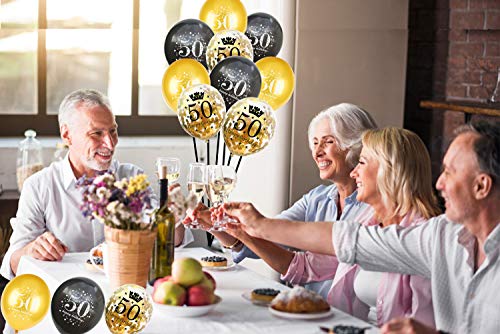 Jonhamwelbor 50th Birthday Balloons Gold and Black Party Decorations 15 Pack 12 inch Latex and Confetti Balloon Printed with Happy Birthday 50 for Women Men