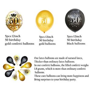 Jonhamwelbor 50th Birthday Balloons Gold and Black Party Decorations 15 Pack 12 inch Latex and Confetti Balloon Printed with Happy Birthday 50 for Women Men