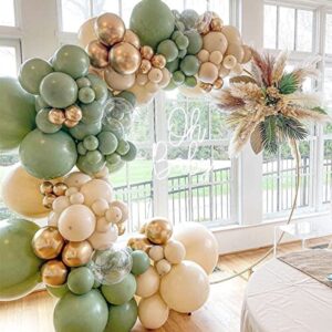 Sage Green Sand White Balloon Garland Arch Kit with Chrome Metallic Gold Avocado Olive Balloons for Baby Shower Bridal Shower Bachelor Party Wedding Birthday Party Decorations