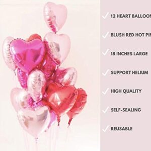 Hot Pink Heart Balloons 15 PACK - Valentines Day Heart Shaped Balloons - Mylar Pink Red Rose Gold Foil Decorations