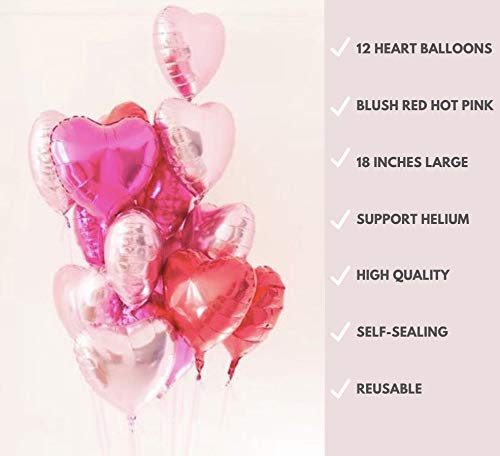 Hot Pink Heart Balloons 15 PACK - Valentines Day Heart Shaped Balloons - Mylar Pink Red Rose Gold Foil Decorations