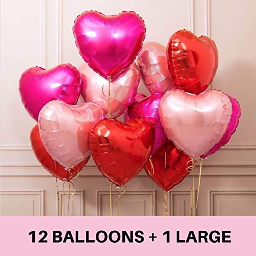 Hot Pink Heart Balloons 15 PACK - Valentines Day Heart Shaped Balloons - Mylar Pink Red Rose Gold Foil Decorations