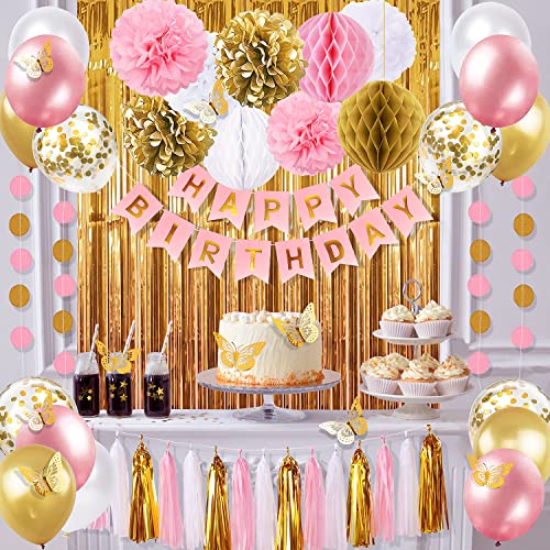 Pink and Gold Birthday Party Decorations for Women with Happy Birthday Banner,Curtains, Butterfly Wall,Circle Dots Garland,Tissue Pompoms,Paper Tassels Garland Birthday for Her