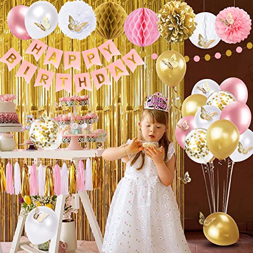 Pink and Gold Birthday Party Decorations for Women with Happy Birthday Banner,Curtains, Butterfly Wall,Circle Dots Garland,Tissue Pompoms,Paper Tassels Garland Birthday for Her