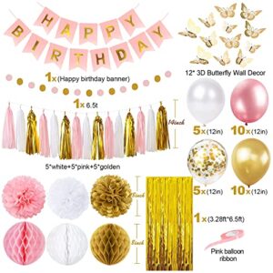 Pink and Gold Birthday Party Decorations for Women with Happy Birthday Banner,Curtains, Butterfly Wall,Circle Dots Garland,Tissue Pompoms,Paper Tassels Garland Birthday for Her