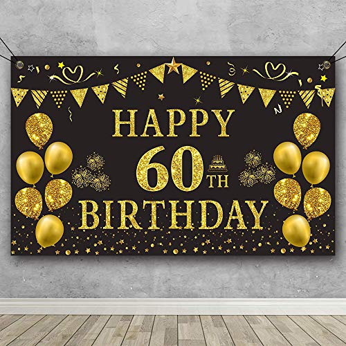 Trgowaul 60th Birthday Backdrop Gold and Black 5.9 X 3.6 Fts Happy Birthday Party Decorations Banner for Women Men Photography Supplies Background Happy Birthday Decoration