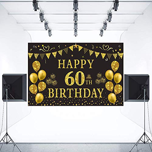 Trgowaul 60th Birthday Backdrop Gold and Black 5.9 X 3.6 Fts Happy Birthday Party Decorations Banner for Women Men Photography Supplies Background Happy Birthday Decoration