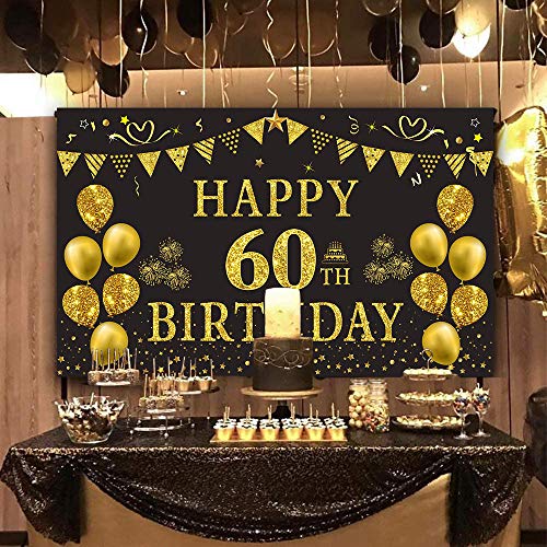 Trgowaul 60th Birthday Backdrop Gold and Black 5.9 X 3.6 Fts Happy Birthday Party Decorations Banner for Women Men Photography Supplies Background Happy Birthday Decoration