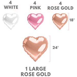 Pastel Heart Balloons 12 PACK Pink Valentines Day Heart Shaped Decorations Rose Gold Mylar Foil Balloon Set