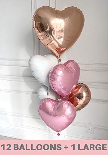 Pastel Heart Balloons 12 PACK Pink Valentines Day Heart Shaped Decorations Rose Gold Mylar Foil Balloon Set