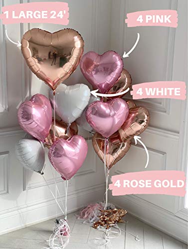 Pastel Heart Balloons 12 PACK Pink Valentines Day Heart Shaped Decorations Rose Gold Mylar Foil Balloon Set
