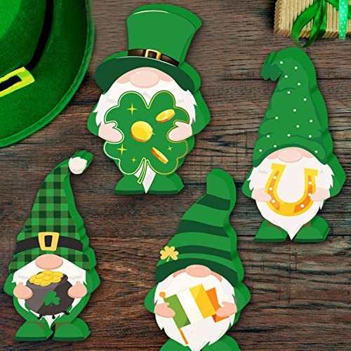 4 Pieces St. Patrick's Day Table Sign Lucky Gnome Wooden Tabletop Decoration Happy St Patricks Day Wood Decor Irish Tiered Tray Décor for St. Patrick's Day Party Table Ornaments