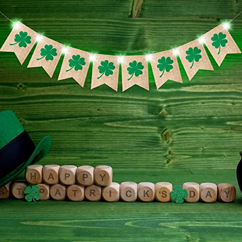 St. Patrick's Day Banner Decorations Shamrock Burlap Banner with Green String Lights Clover Irish Garland Flags for St. Patrick's Day Party Decor