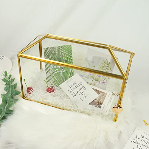 12.6 x 5.9 x 9.0inch Gold Wedding Glass Card Box with Lock and Slot - Wedding Envelope Card Holder for Reception Clear Lock Box with Key Wedding Gold Glass Card Holder Handmade Vintage Wedding Card Box