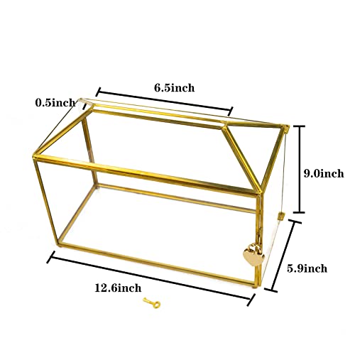 12.6 x 5.9 x 9.0inch Gold Wedding Glass Card Box with Lock and Slot - Wedding Envelope Card Holder for Reception Clear Lock Box with Key Wedding Gold Glass Card Holder Handmade Vintage Wedding Card Box