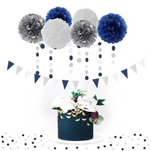 Navy Blue White Silver Party Decorations,23pcs Kit Graduation 2023 Tissue Paper Pom Poms Streamers,Tassel Garland Banner Flowers,Men Birthday Bachelorette Baby Shower Christmas Decor Lasting Surprise