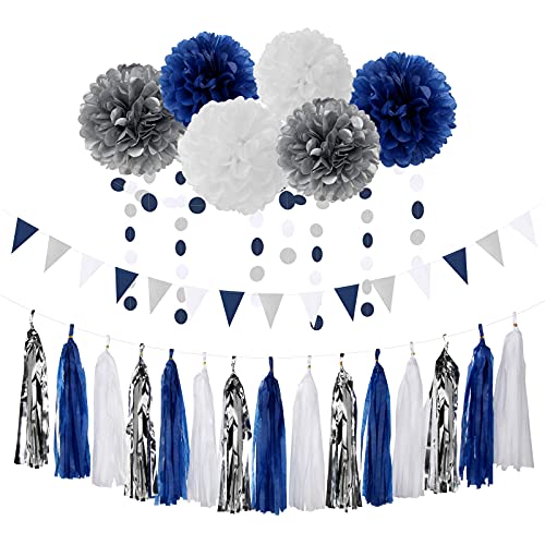 Navy Blue White Silver Party Decorations,23pcs Kit Graduation 2023 Tissue Paper Pom Poms Streamers,Tassel Garland Banner Flowers,Men Birthday Bachelorette Baby Shower Christmas Decor Lasting Surprise