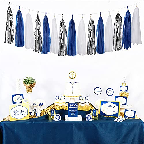 Navy Blue White Silver Party Decorations,23pcs Kit Graduation 2023 Tissue Paper Pom Poms Streamers,Tassel Garland Banner Flowers,Men Birthday Bachelorette Baby Shower Christmas Decor Lasting Surprise