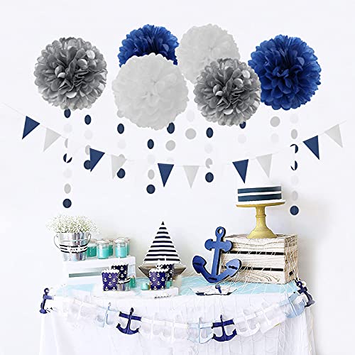 Navy Blue White Silver Party Decorations,23pcs Kit Graduation 2023 Tissue Paper Pom Poms Streamers,Tassel Garland Banner Flowers,Men Birthday Bachelorette Baby Shower Christmas Decor Lasting Surprise