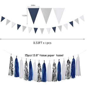 Navy Blue White Silver Party Decorations,23pcs Kit Graduation 2023 Tissue Paper Pom Poms Streamers,Tassel Garland Banner Flowers,Men Birthday Bachelorette Baby Shower Christmas Decor Lasting Surprise