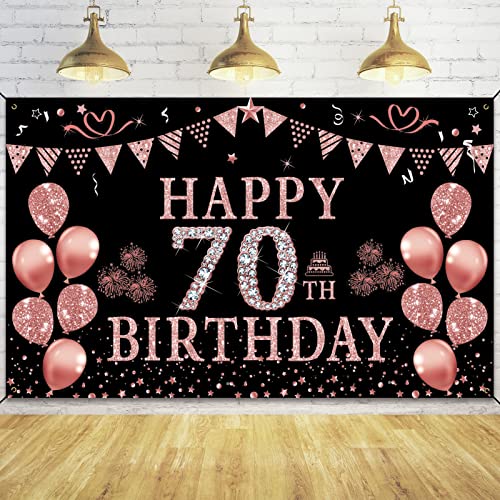 Trgowaul 70th Birthday Decorations for Women - Rose Gold 70th Birthday Banner Backdrop 5.9 X 3.6 Fts 70th Birthday Party Suppiles Photography Supplies Background Happy 70th Birthday Banner