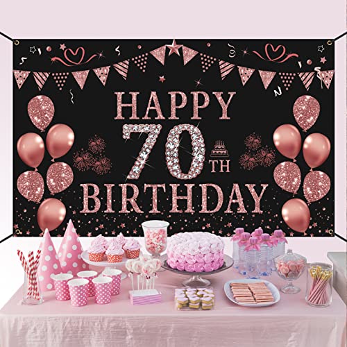 Trgowaul 70th Birthday Decorations for Women - Rose Gold 70th Birthday Banner Backdrop 5.9 X 3.6 Fts 70th Birthday Party Suppiles Photography Supplies Background Happy 70th Birthday Banner