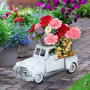 FJJBSD Farmhouse White Truck Decor, Vintage Rustic Metal Truck Planter,Fall Outdoor/Indoor Pickup Decoration,Decorative Tabletop Storage, Farm Table Trucks Decor, Car Model Gift