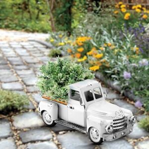 FJJBSD Farmhouse White Truck Decor, Vintage Rustic Metal Truck Planter,Fall Outdoor/Indoor Pickup Decoration,Decorative Tabletop Storage, Farm Table Trucks Decor, Car Model Gift