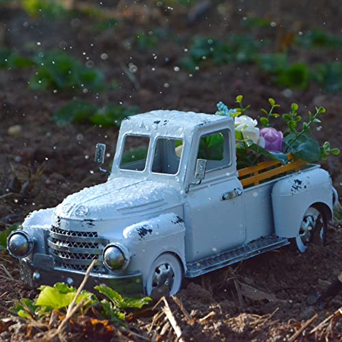 FJJBSD Farmhouse White Truck Decor, Vintage Rustic Metal Truck Planter,Fall Outdoor/Indoor Pickup Decoration,Decorative Tabletop Storage, Farm Table Trucks Decor, Car Model Gift