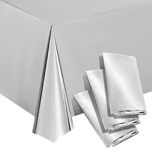 juvale 3 pack metallic silver plastic tablecloth for birthday party decorations (shiny foil, 54×108)