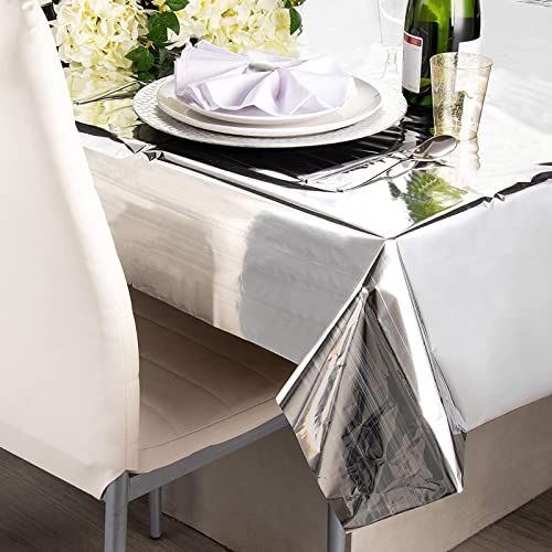 Juvale 3 Pack Metallic Silver Plastic Tablecloth for Birthday Party Decorations (Shiny Foil, 54x108)