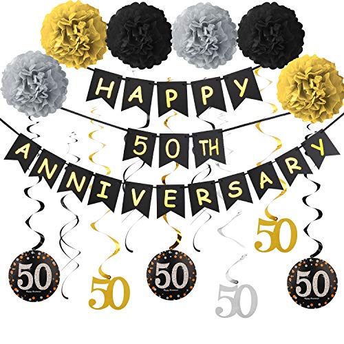 50th Anniversary Decorations Kit - 50th Wedding Anniversary Party Decorations Supplies - Including Gold Glitter Happy 50th Anniversary Banner / 9Pcs Sparkling 50 Hanging Swirl /6Pcs Poms