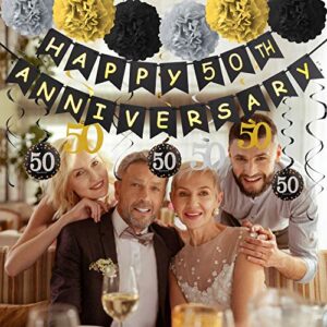 50th Anniversary Decorations Kit - 50th Wedding Anniversary Party Decorations Supplies - Including Gold Glitter Happy 50th Anniversary Banner / 9Pcs Sparkling 50 Hanging Swirl /6Pcs Poms