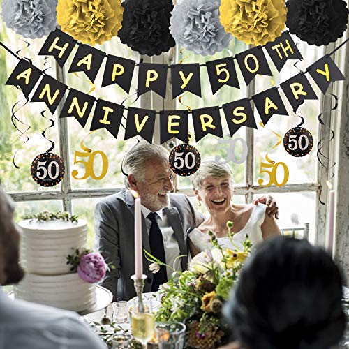 50th Anniversary Decorations Kit - 50th Wedding Anniversary Party Decorations Supplies - Including Gold Glitter Happy 50th Anniversary Banner / 9Pcs Sparkling 50 Hanging Swirl /6Pcs Poms