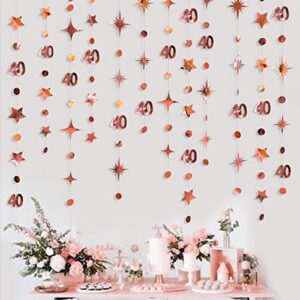 Rose Gold 40th Birthday Decorations Number 40 Circle Dot Twinkle Star Garland Metallic Hanging Streamer Bunting Banner Backdrop for Women 40 Year Old Birthday Forty Anniversary Party Supplies