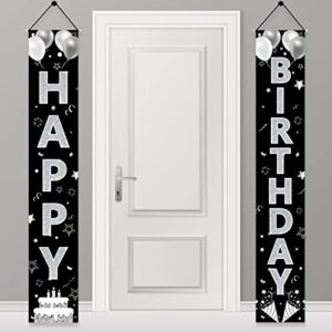 black white silver birthday door banner decorations for men women, black silver happy birthday porch sign party supplies, 16th 21st 30th 40th 50th 60th 70th 80th 90th birthday backdrop decor