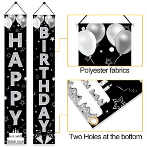 Black White Silver Birthday Door Banner Decorations for Men Women, Black Silver Happy Birthday Porch Sign Party Supplies, 16th 21st 30th 40th 50th 60th 70th 80th 90th Birthday Backdrop Decor